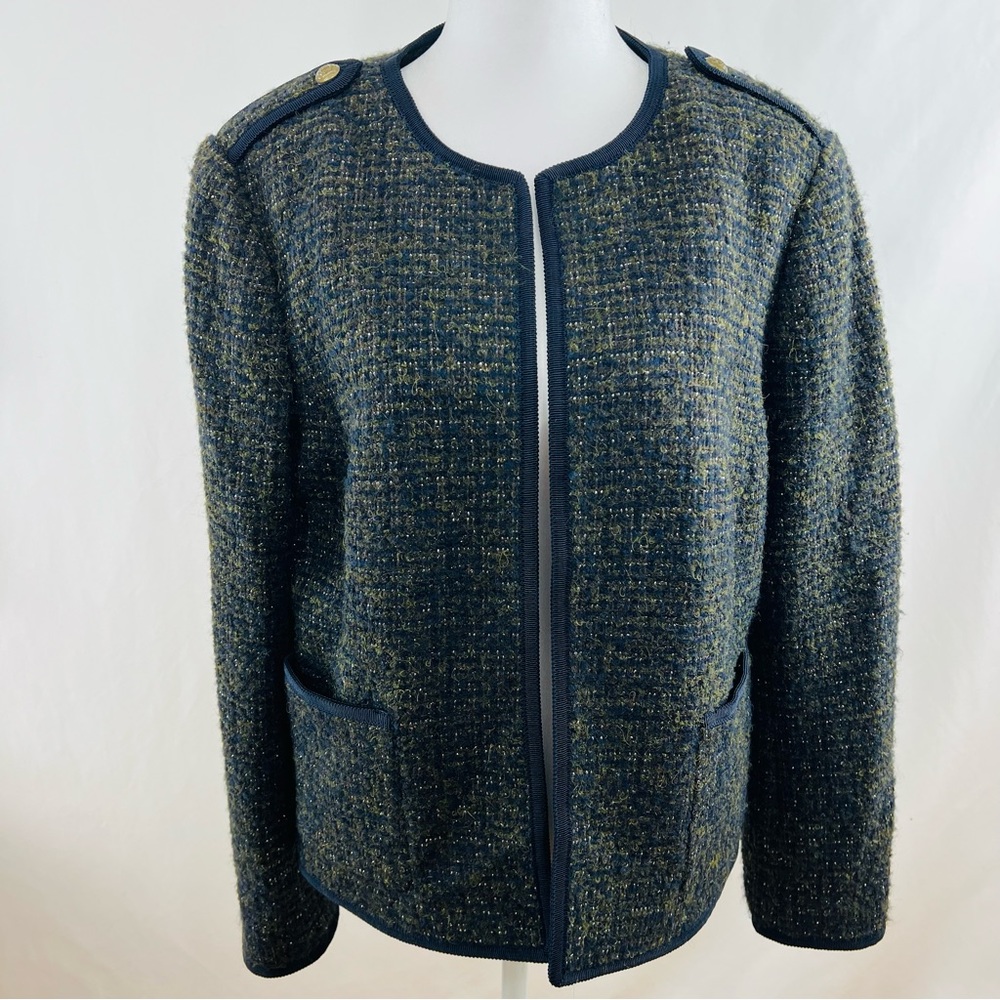 NWT Talbots Wool/Alpaca/Metallic Blend Blazer Olive/Navy Blue Fabric Knit Italy - Picture 1 of 15